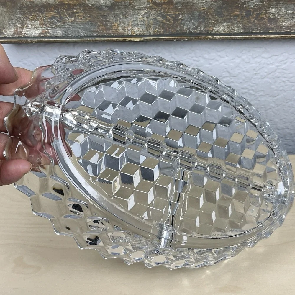 Vintage Fostoria American Cubist‎ 3 Divided Oval Dish Relish Snack Vegetable